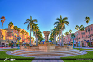 Mizner Park center water fountain in downtown Boca Raton, Florida in Palm Beach County. HDR photo created using Photomatix.